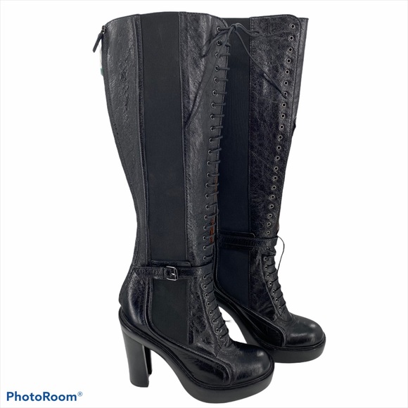 GIVENCHY | Black Leather Lace up Knee High Boots - Picture 2 of 16